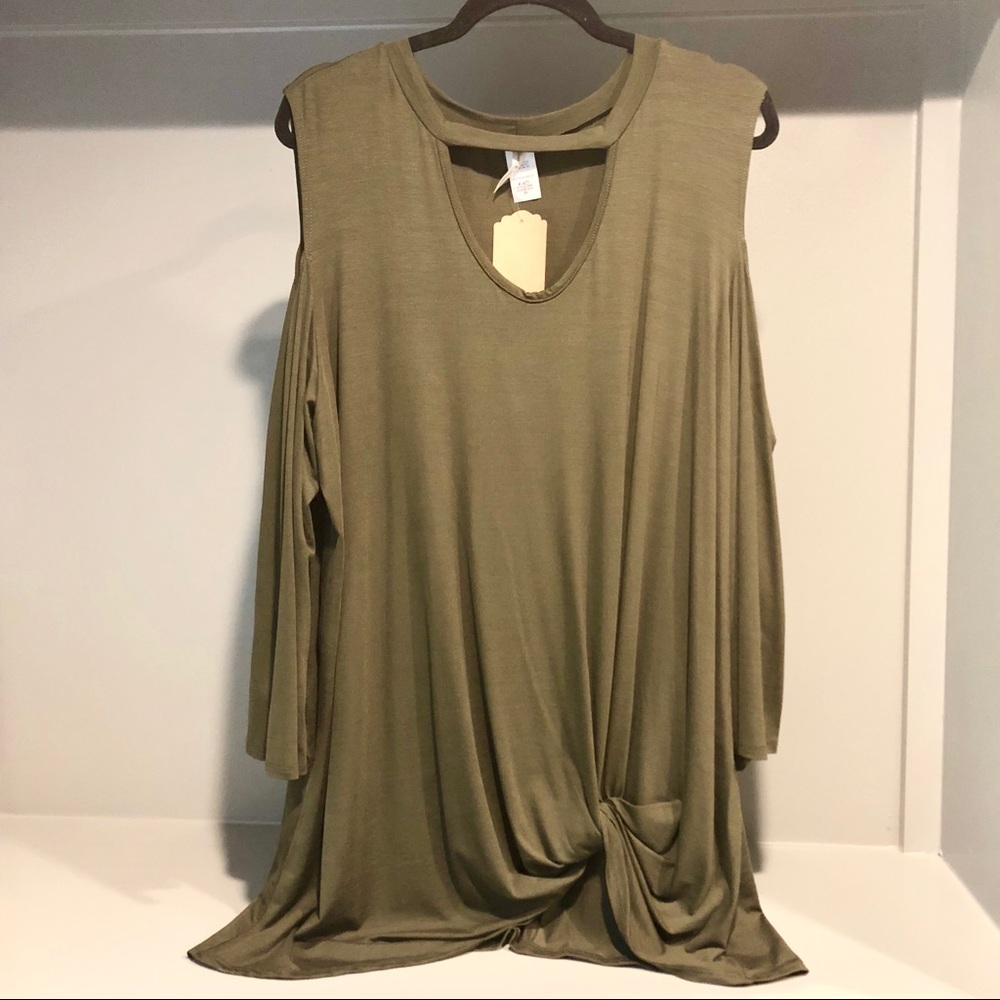 Olive Cold Shoulder Keyhole Longsleeve Top w/ Knot